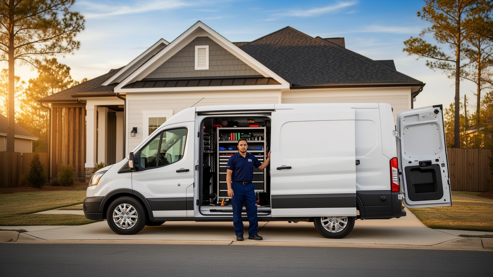 Proficient Auto mobile mechanic van parked in a Raleigh driveway